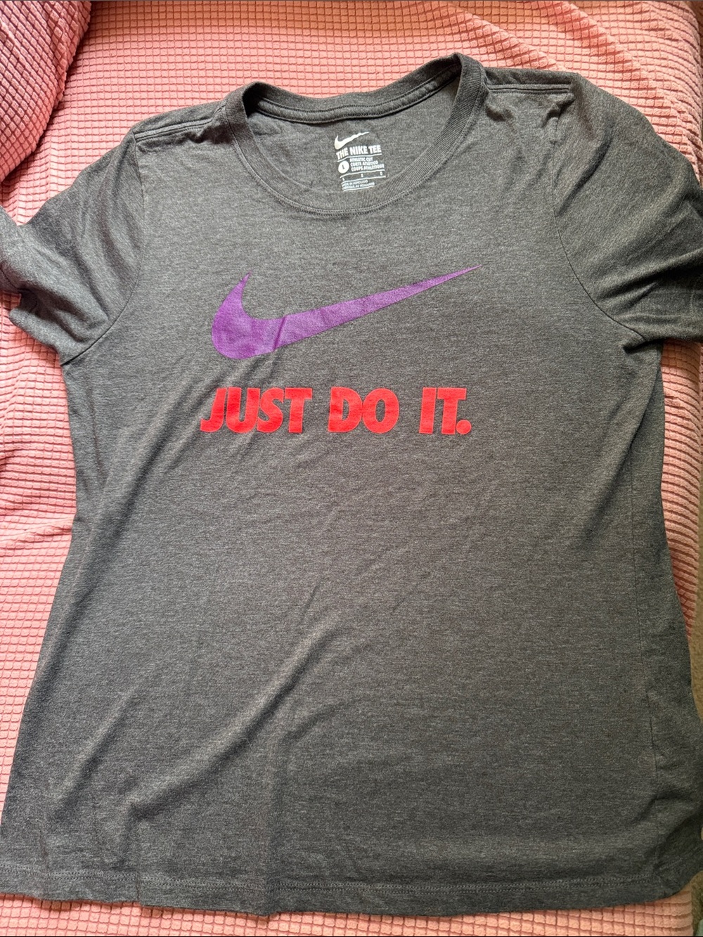 Nike Dark Gray T-Shirt with Purple Swoosh & Red JUST DO IT.